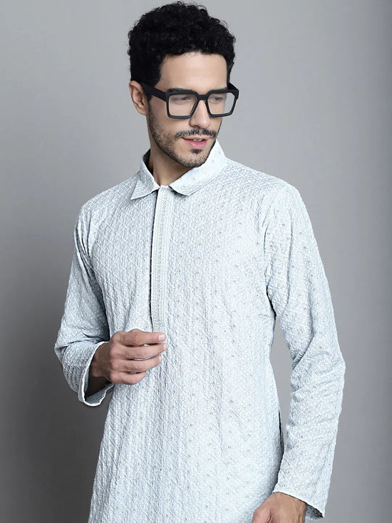 Men's Chikankari Embroidered and Sequence Kurtas-KO-5011Light-Grey