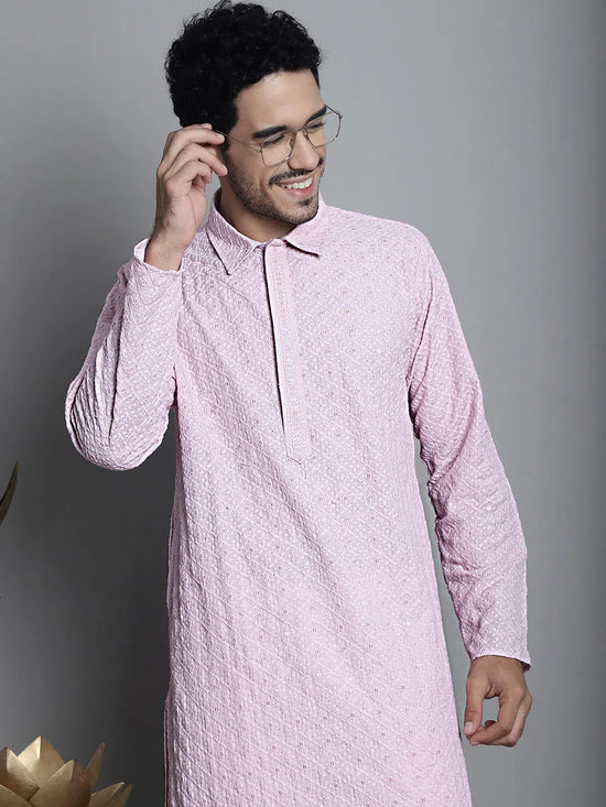 Men's Chikankari Embroidered and Sequence Kurtas-KO-5011Magenta