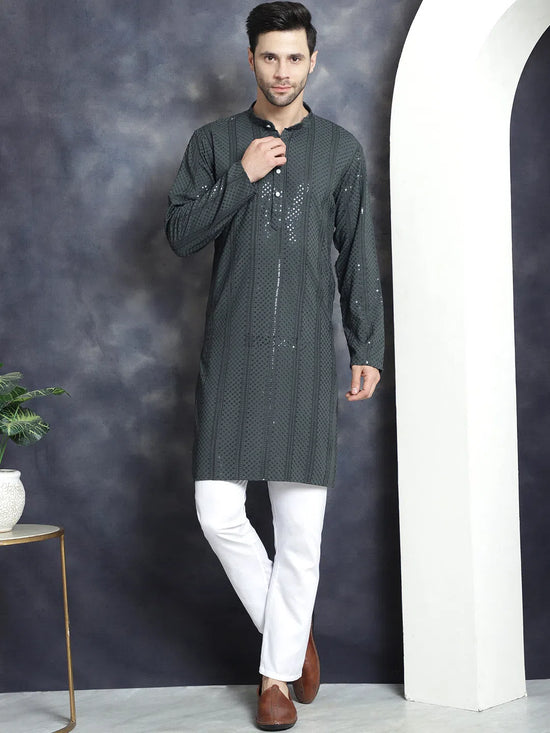 Men's Sequins Chikankari Embroidered Kurtas-KO-5015Grey