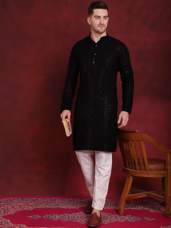 Sequins Chikankari Kurtas for Mens-KO-5018Black