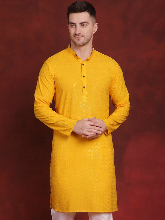 Sequins Chikankari Kurtas for Mens-KO-5018Yellow