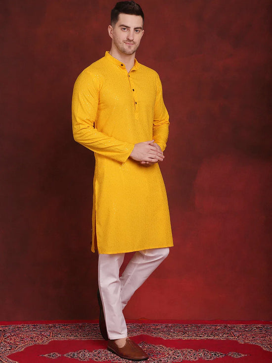 Sequins Chikankari Kurtas for Mens-KO-5018Yellow