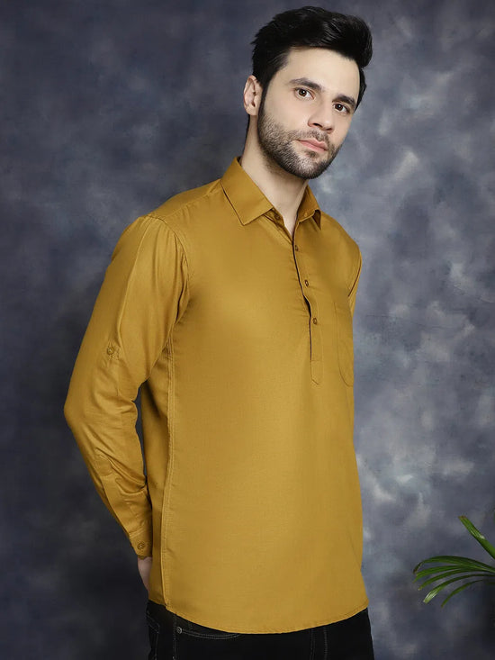 Men's Mustard Solid Short Kurtas-KO-5037Mustard