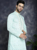 Men's Chikankari Embroidered Kurtas-KO-5039Sky