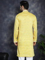 Men's Chikankari Embroidered Kurtas-KO-5039Yellow