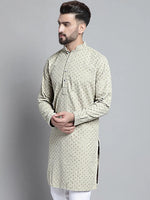 Men Beige Chikankari Embroidered and Sequence Kurtas-KO-678Beige