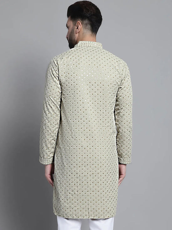 Men Beige Chikankari Embroidered and Sequence Kurtas-KO-678Beige