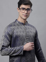 Men Ethnic Navy Blue Woven Design Kurtas-KO-681Navy