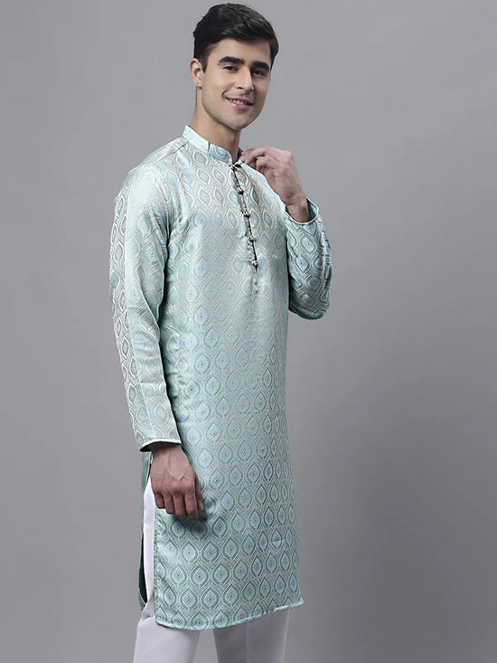 Men Ethnic Sky Blue Woven Design Kurtas-KO-681Sky