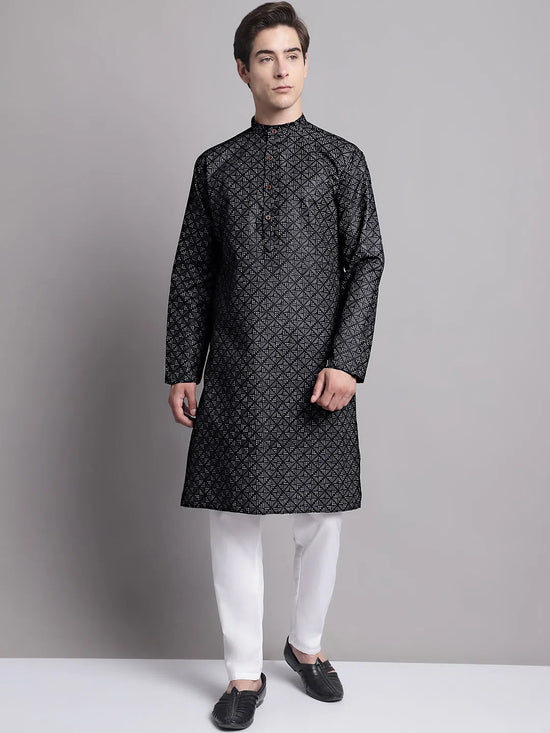 Men's Black Printed Pure Cotton Kurta-KO-687Black