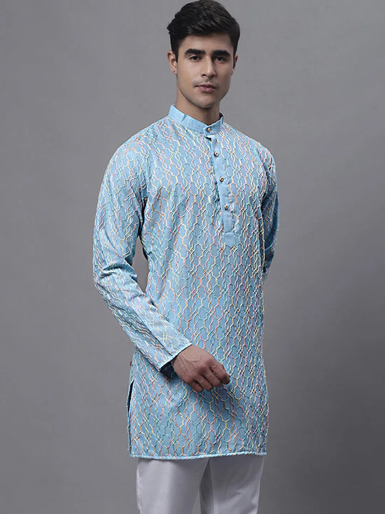 Men's Sky Blue and Multi Coloured Embroidered Straight Kurtas-KO-689Sky