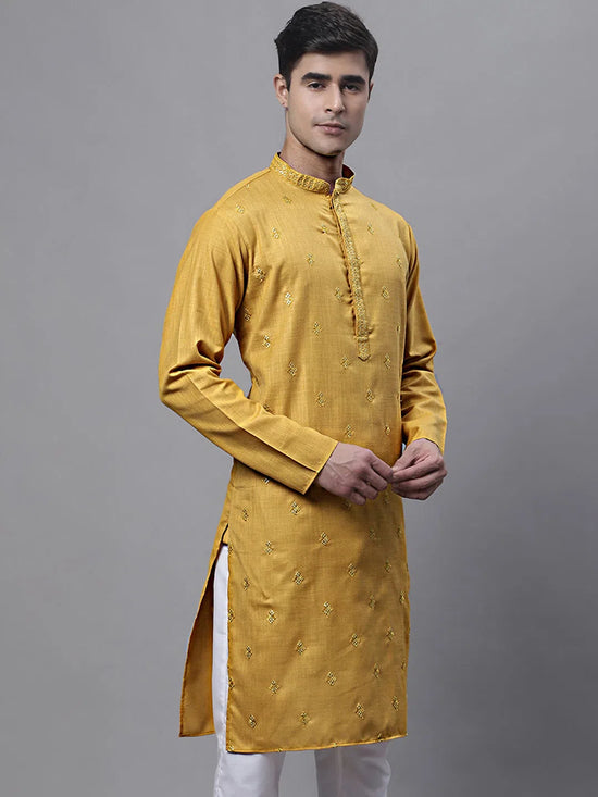 Men's Mustard Embroidered Straight Kurtas-KO-690Mustard