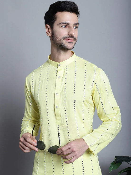 Men's Embroidered Mirror Work Kurtas-KO-694Lemon