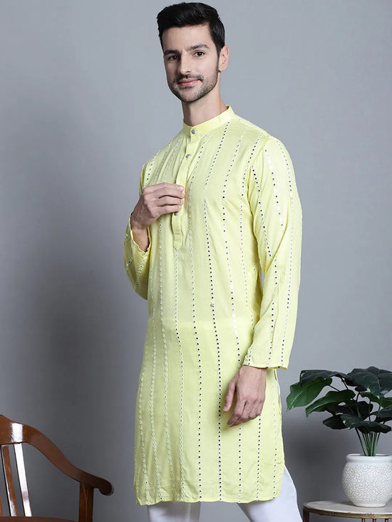 Men's Embroidered Mirror Work Kurtas-KO-694Lemon