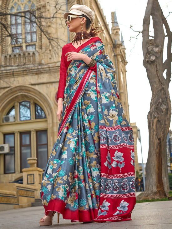 Saree Mall Women's Satin Grey Printed Designer Saree With Blouse Piece-KOBE383013