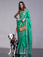 Saree Mall Women's  Blend Teal Green Woven Design Handloom Saree With Blouse Piece-KODAI364001