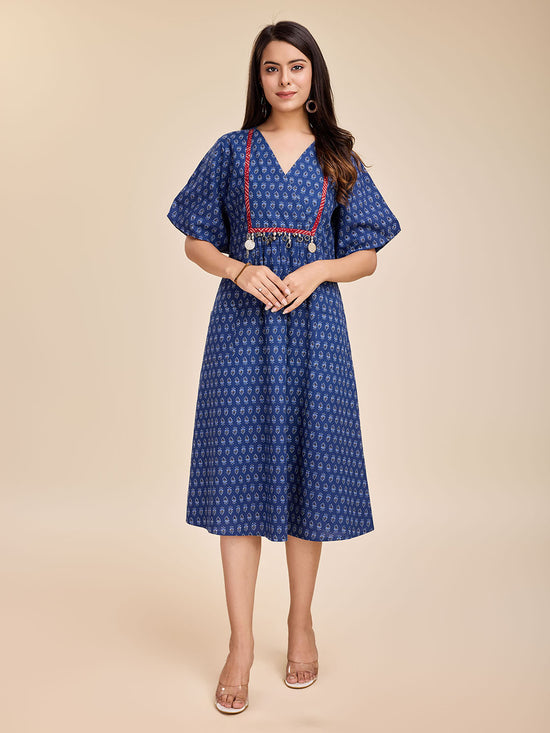 Komarri U Elegant Indigo Block Print Cotton Dress-KOM-DRS-134