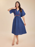 Komarri U Elegant Indigo Block Print Cotton Dress-KOM-DRS-134