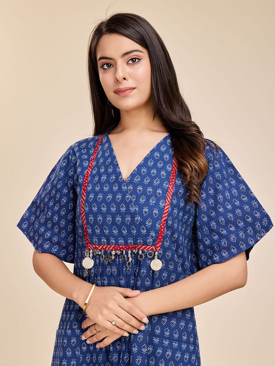 Komarri U Elegant Indigo Block Print Cotton Dress-KOM-DRS-134