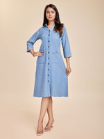 Komarri U  Elegant Tencele Denim Button Down Shirt Dress With Roll Up Sleeves- Blue-KOM-DRS-137