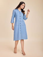 Komarri U  Elegant Tencele Denim Button Down Shirt Dress With Roll Up Sleeves- Blue-KOM-DRS-137