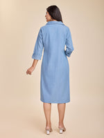 Komarri U  Elegant Tencele Denim Button Down Shirt Dress With Roll Up Sleeves- Blue-KOM-DRS-137