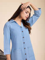 Komarri U  Elegant Tencele Denim Button Down Shirt Dress With Roll Up Sleeves- Blue-KOM-DRS-137