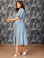 Komarri U Chic Tencele Denim Kimono Styled Panel Dress With Pockets With Metal Buttons-Blue-KOM-DRS-143