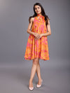 Komarri U Elegant Floral Print With Neck Tie Up Flare 100 % Viscose Dress- Orange-KOM-DRS-155