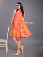 Komarri U Elegant Floral Print With Neck Tie Up Flare 100 % Viscose Dress- Orange-KOM-DRS-155