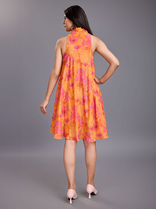 Komarri U Elegant Floral Print With Neck Tie Up Flare 100 % Viscose Dress- Orange-KOM-DRS-155