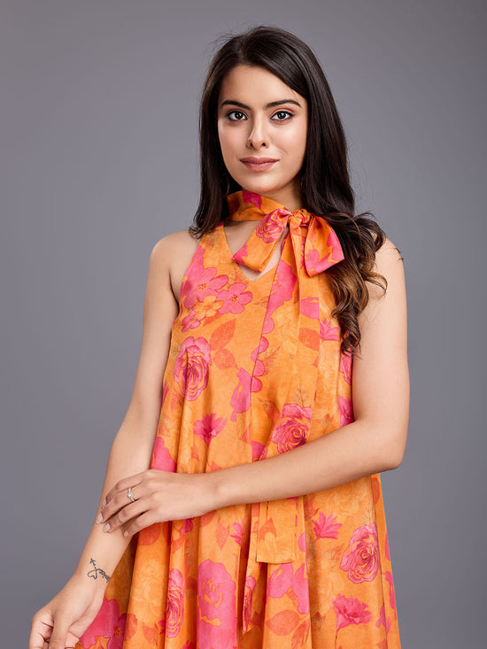 Komarri U Elegant Floral Print With Neck Tie Up Flare 100 % Viscose Dress- Orange-KOM-DRS-155