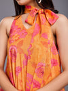 Komarri U Elegant Floral Print With Neck Tie Up Flare 100 % Viscose Dress- Orange-KOM-DRS-155