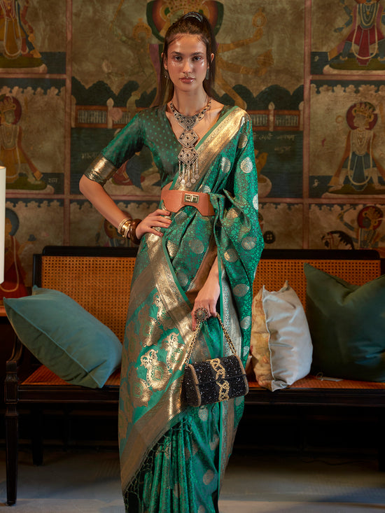 Saree Mall Women's  Blend Teal Green Woven Design Designer Saree With Blouse Piece-KONA298004