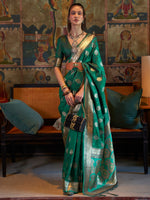 Saree Mall Women's  Blend Teal Green Woven Design Designer Saree With Blouse Piece-KONA298004