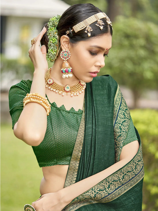 Saree Mall Women's Vichitra  Green Embellished Designer Saree With Blouse Piece-KONKA81592