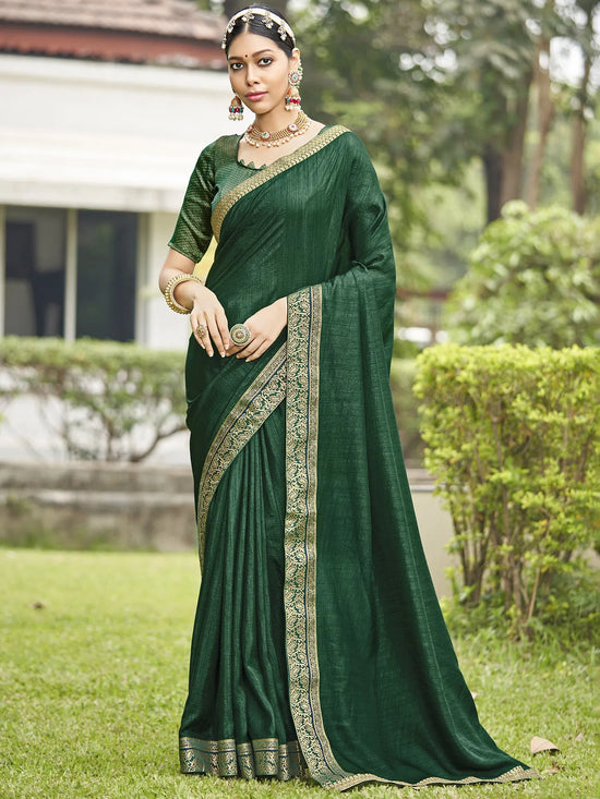 Saree Mall Women's Vichitra  Green Embellished Designer Saree With Blouse Piece-KONKA81592