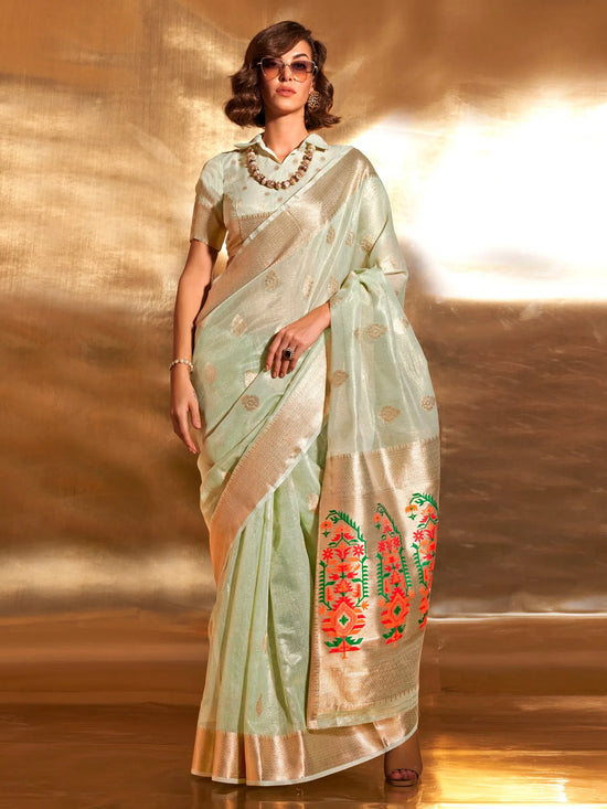 Saree Mall Women's Tissue Sea Green Woven Design Designer Saree With Blouse Piece-KORRA370004