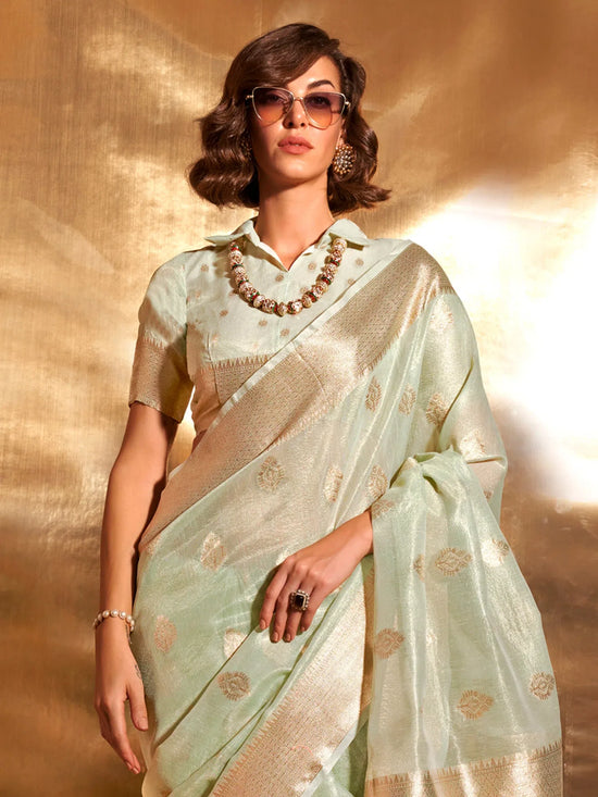 Saree Mall Women's Tissue Sea Green Woven Design Designer Saree With Blouse Piece-KORRA370004