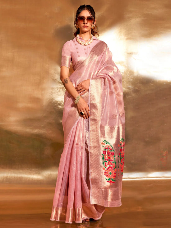 Saree Mall Women's Tissue Pink Woven Design Designer Saree With Blouse Piece-KORRA370005