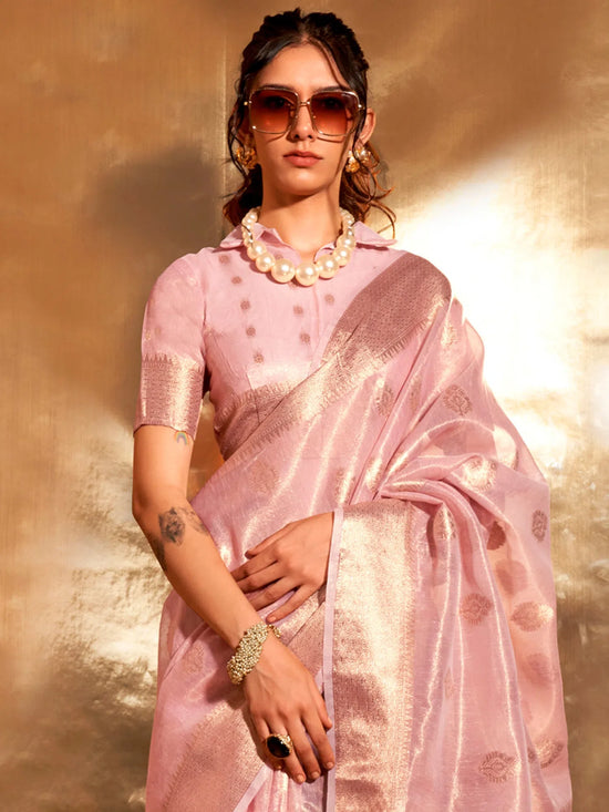 Saree Mall Women's Tissue Pink Woven Design Designer Saree With Blouse Piece-KORRA370005