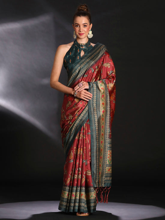 Saree Mall Women's Cotton Blend Maroon Printed Designer Saree With Blouse Piece-KOZI201