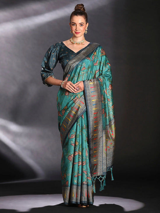 Saree Mall Women's Cotton Blend Blue Printed Designer Saree With Blouse Piece-KOZI205