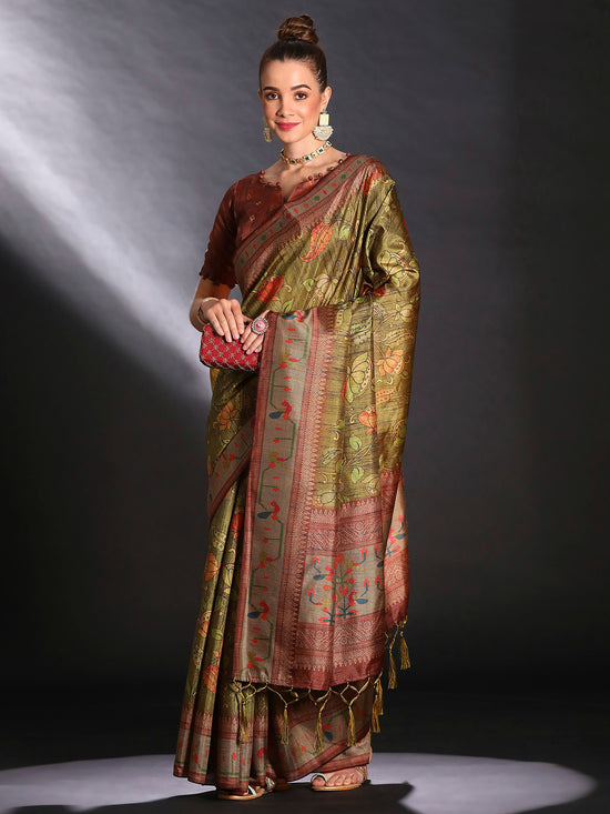 Saree Mall Women's Cotton Blend Olive Printed Designer Saree With Blouse Piece-KOZI206