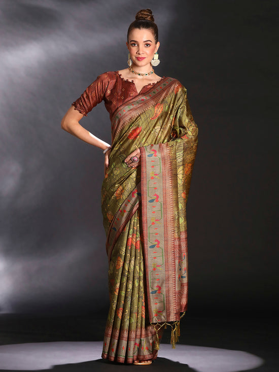 Saree Mall Women's Cotton Blend Olive Printed Designer Saree With Blouse Piece-KOZI206