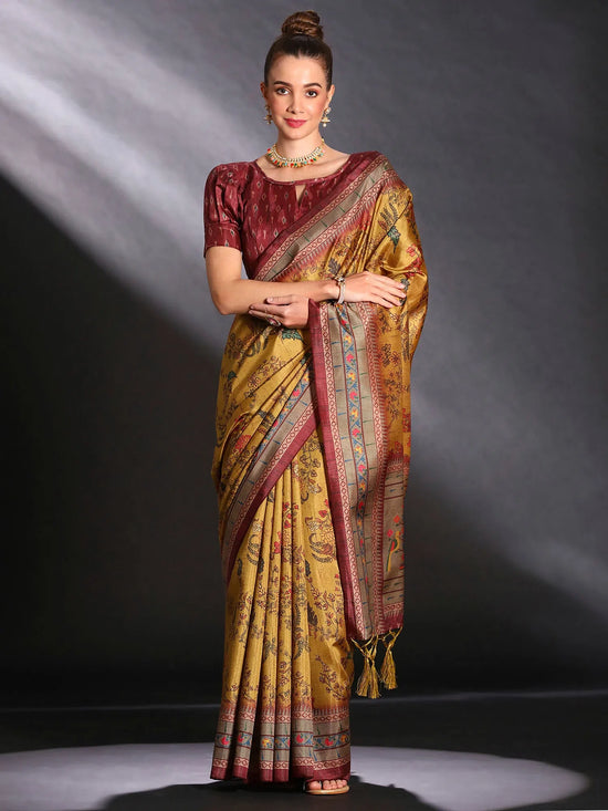 Saree Mall Women's Cotton Blend Mustard Printed Designer Saree With Blouse Piece-KOZI207