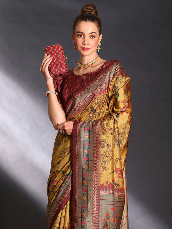 Saree Mall Women's Cotton Blend Mustard Printed Designer Saree With Blouse Piece-KOZI207