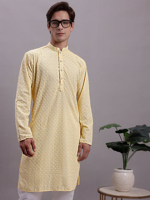 Men's Yellow Chikankari Embroidered and Sequence Kurta-KO-5000Yellow