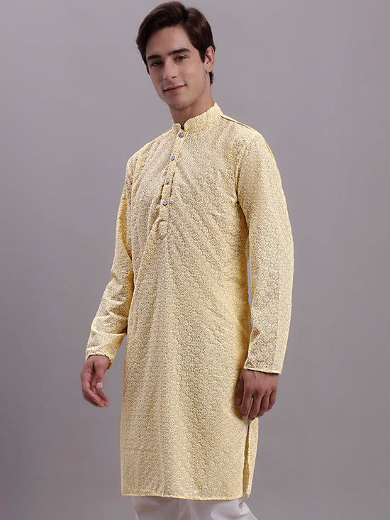 Men's Yellow Chikankari Embroidered and Sequence Kurta-KO-5000Yellow