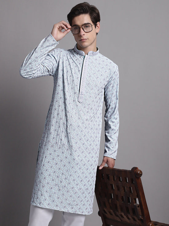 Men's Blue Chikankari Embroidered and Sequence Kurta-KO-5001Blue